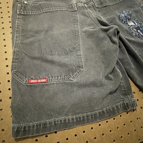 JNCO Jean Shorts Mens 38x12.5 Washed Black Snake Double Deep Pockets Y2K 2000’s - Picture 7 of 16